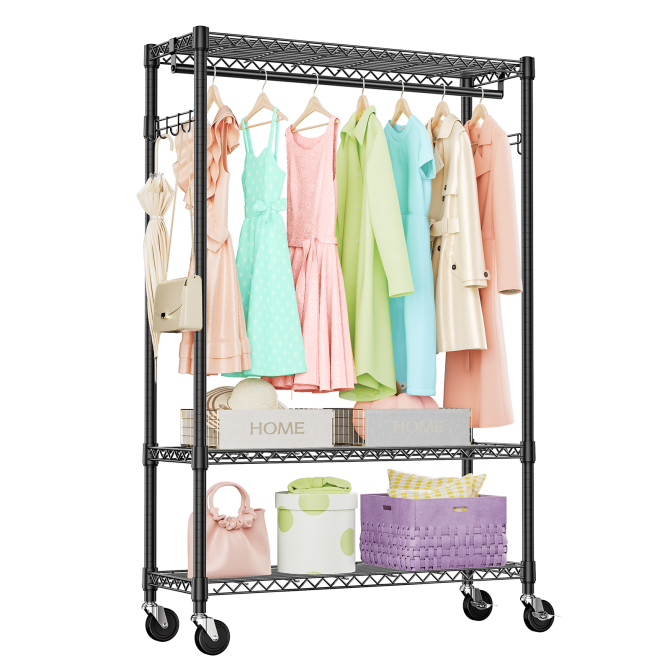 3 Tier Heavy Duty Rolling Garment Rack Wire Clothes Rack for Hanging Clothes, Metal Freestanding Closet Wardrobe with 1 Rods and Wheels Black Chrome 15.7" D x 45.3" W x 75.6" H - Image 11