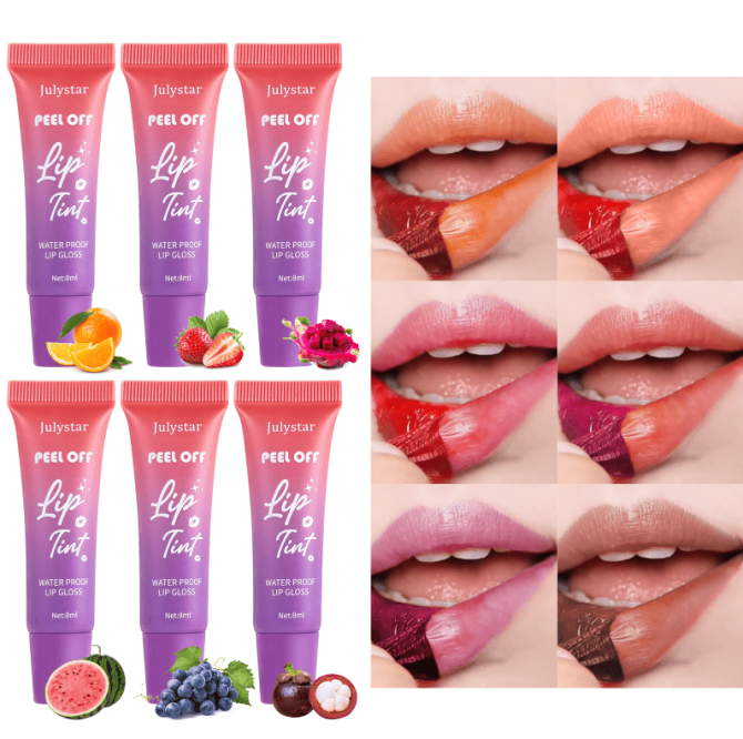 PSJ701-049N   Peel-off Lip Color and Moisturizing Fruit-flavored Lip Gloss 6-color peel-off lip color with velvet texture lasting 24h. Individual unit 8ml Matte with color enhancement effect. Lip glo