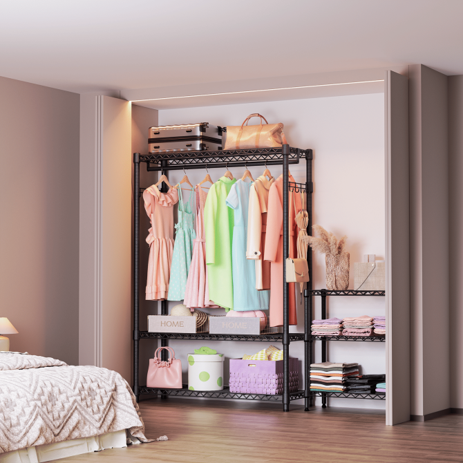 3 Tier Heavy Duty Rolling Garment Rack Wire Clothes Rack for Hanging Clothes, Metal Freestanding Closet Wardrobe with 1 Rods and Wheels Black Chrome 15.7" D x 45.3" W x 75.6" H - Image 24