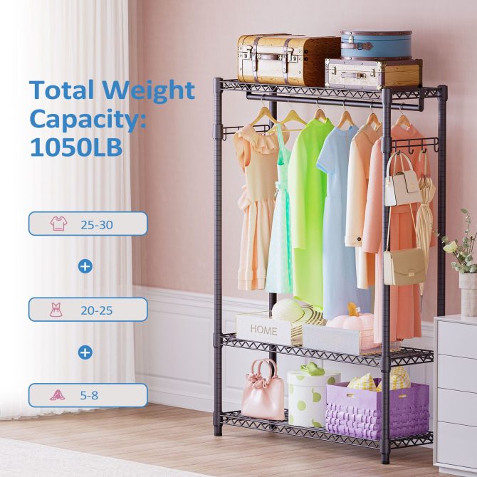 3 Tier Heavy Duty Rolling Garment Rack Wire Clothes Rack for Hanging Clothes, Metal Freestanding Closet Wardrobe with 1 Rods and Wheels Black Chrome 15.7" D x 45.3" W x 75.6" H - Image 27