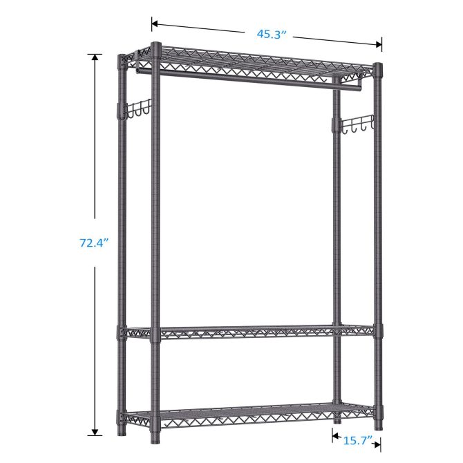 3 Tier Heavy Duty Rolling Garment Rack Wire Clothes Rack for Hanging Clothes, Metal Freestanding Closet Wardrobe with 1 Rods and Wheels Black Chrome 15.7" D x 45.3" W x 75.6" H - Image 29