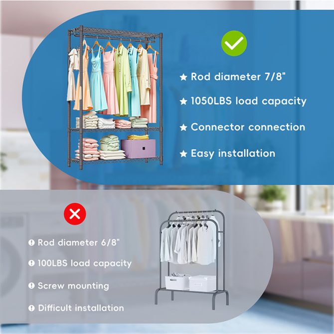 3 Tier Heavy Duty Rolling Garment Rack Wire Clothes Rack for Hanging Clothes, Metal Freestanding Closet Wardrobe with 1 Rods and Wheels Black Chrome 15.7" D x 45.3" W x 75.6" H - Image 22
