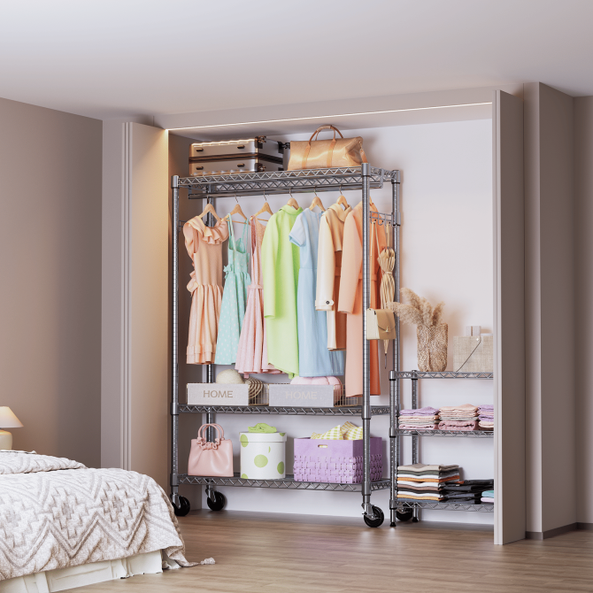 3 Tier Heavy Duty Rolling Garment Rack Wire Clothes Rack for Hanging Clothes, Metal Freestanding Closet Wardrobe with 1 Rods and Wheels Black Chrome 15.7" D x 45.3" W x 75.6" H - Image 3