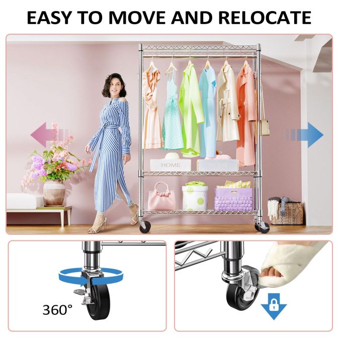 3 Tier Heavy Duty Rolling Garment Rack Wire Clothes Rack for Hanging Clothes, Metal Freestanding Closet Wardrobe with 1 Rods and Wheels Black Chrome 15.7" D x 45.3" W x 75.6" H - Image 6