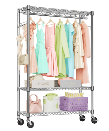 3 Tier Heavy Duty Rolling Garment Rack Wire Clothes Rack for Hanging Clothes, Metal Freestanding Closet Wardrobe with 1 Rods and Wheels Black Chrome 15.7" D x 45.3" W x 75.6" H