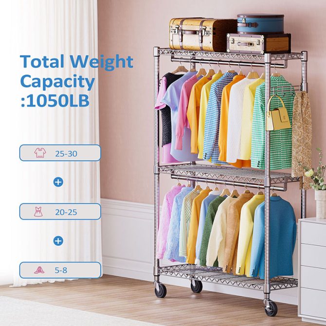 3 Tier Heavy Duty Rolling Garment Rack Wire Clothes Rack for Hanging Clothes, Metal Freestanding Closet Wardrobe with 1 Rods and Wheels Black Chrome 15.7" D x 45.3" W x 75.6" H - Image 9