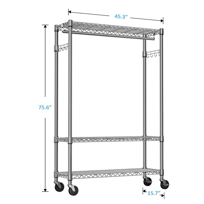 3 Tier Heavy Duty Rolling Garment Rack Wire Clothes Rack for Hanging Clothes, Metal Freestanding Closet Wardrobe with 1 Rods and Wheels Black Chrome 15.7" D x 45.3" W x 75.6" H - Image 10