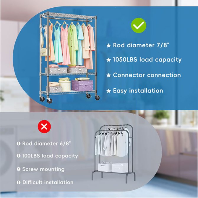 3 Tier Heavy Duty Rolling Garment Rack Wire Clothes Rack for Hanging Clothes, Metal Freestanding Closet Wardrobe with 1 Rods and Wheels Black Chrome 15.7" D x 45.3" W x 75.6" H - Image 2