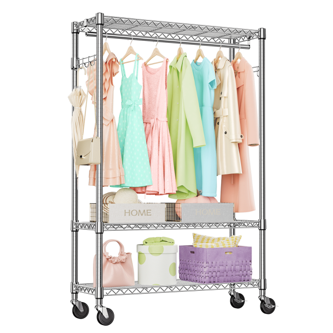 3 Tier Heavy Duty Rolling Garment Rack Wire Clothes Rack for Hanging Clothes, Metal Freestanding Closet Wardrobe with 1 Rods and Wheels Black Chrome 15.7" D x 45.3" W x 75.6" H