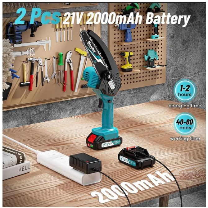 6 inch Mini Cordless Chainsaw ,w/ 2x2000mAh Batteries,Battery Powered Chainsaw for Wood Tree Cutting - Image 3