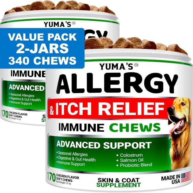 2 Pack Dog Allergy Relief Chews Dog Itching Skin Relief Treatment Pills Anti Itch for Dogs Itchy and Paw Licking Dry Skin & Hot Spots Omega 3 Fish Oil Skin & Coat Supplement
