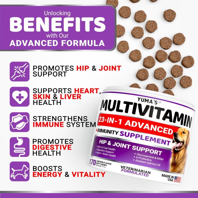Dog Multivitamin Chewable with Glucosamine Dog Vitamins and Supplements 170 Treats Senior & Puppy Multivitamin for Dogs Hip & Joint Support Immune Health Skin Heart Digestion Probiotics - Image 2