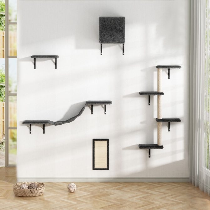 5 Pcs Wall Mounted Cat Climber Set;  Floating Cat Shelves and Perches;  Cat Activity Tree with Scratching Posts;  Modern Cat Furniture - Image 12