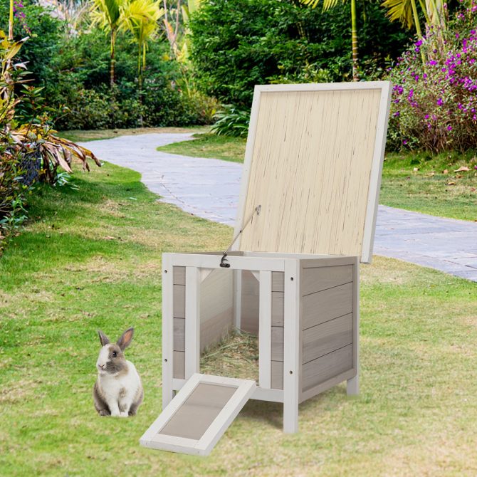 Modern Wooden Rabbit Cat Dog Hutch, Indoor/Outdoor Retreat House with Openable Roof for Small Pets, Weatherproof, Gray - Image 2