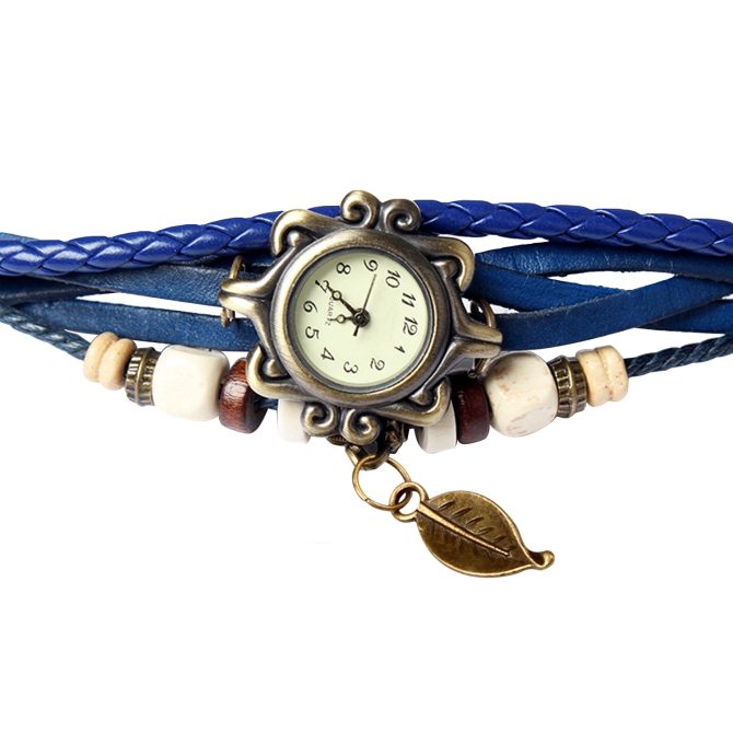 Beautiful Bohemian Style Retro Handmade Leather Tree Leaf Women's Watches Blue - Image 3