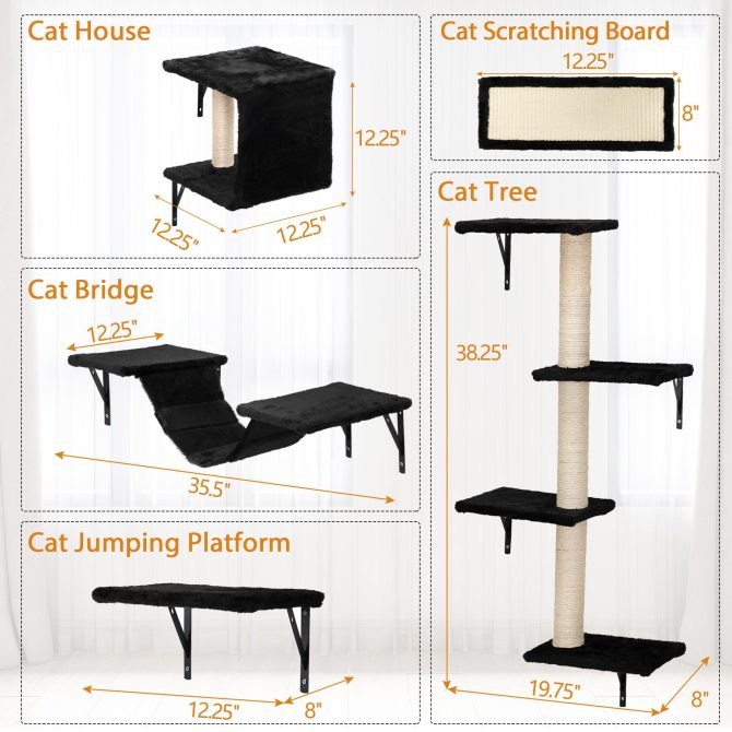 5 Pcs Wall Mounted Cat Climber Set;  Floating Cat Shelves and Perches;  Cat Activity Tree with Scratching Posts;  Modern Cat Furniture - Image 44