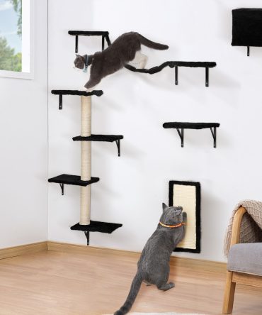 5 Pcs Wall Mounted Cat Climber Set;  Floating Cat Shelves and Perches;  Cat Activity Tree with Scratching Posts;  Modern Cat Furniture
