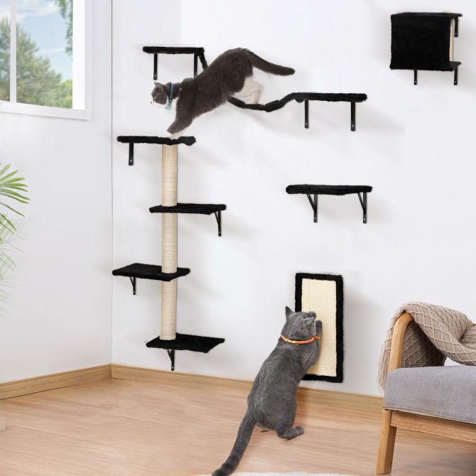5 Pcs Wall Mounted Cat Climber Set;  Floating Cat Shelves and Perches;  Cat Activity Tree with Scratching Posts;  Modern Cat Furniture - Image 29