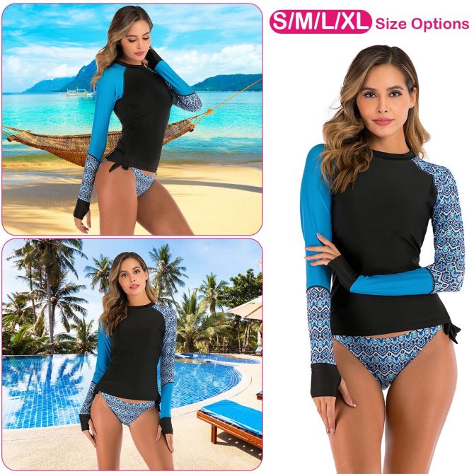 Women 2 Piece Long Sleeve Swimsuit Swim Shirt Bathing Wetsuit - Image 21