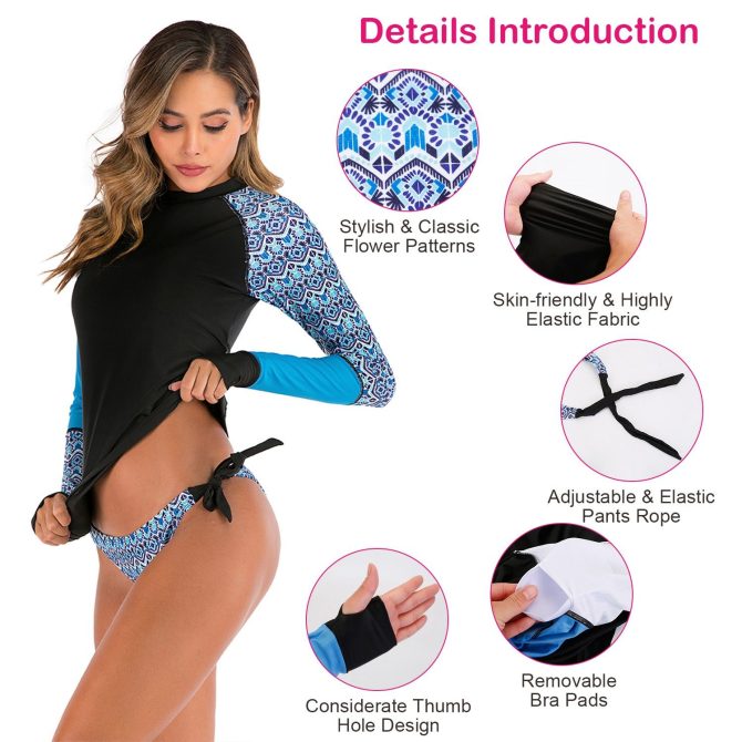 Women 2 Piece Long Sleeve Swimsuit Swim Shirt Bathing Wetsuit - Image 3
