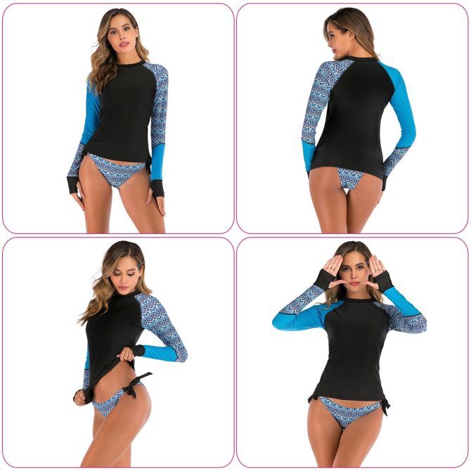 Women 2 Piece Long Sleeve Swimsuit Swim Shirt Bathing Wetsuit - Image 4