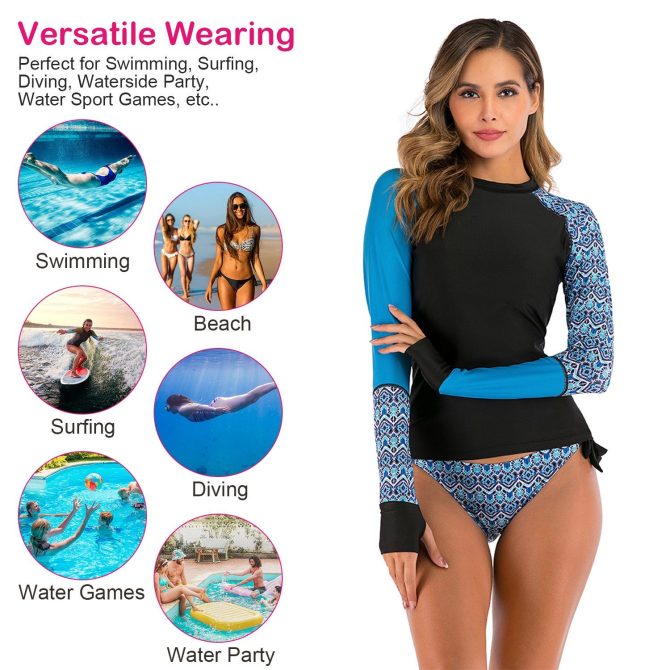 Women 2 Piece Long Sleeve Swimsuit Swim Shirt Bathing Wetsuit - Image 5