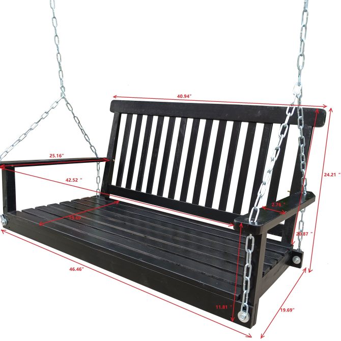 Front Porch Swing with Armrests;  Wood Bench Swing with Hanging Chains; for Outdoor Patio ; Garden Yard;  porch;  backyard;  or sunroom; Easy to Assemble; black - Image 8