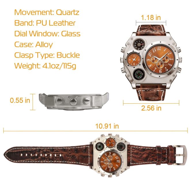 Men's Quartz Watch Two Time Zone Big Face Military Style Compass Thermometer Decorative Dial PU Leather Strap - Image 11