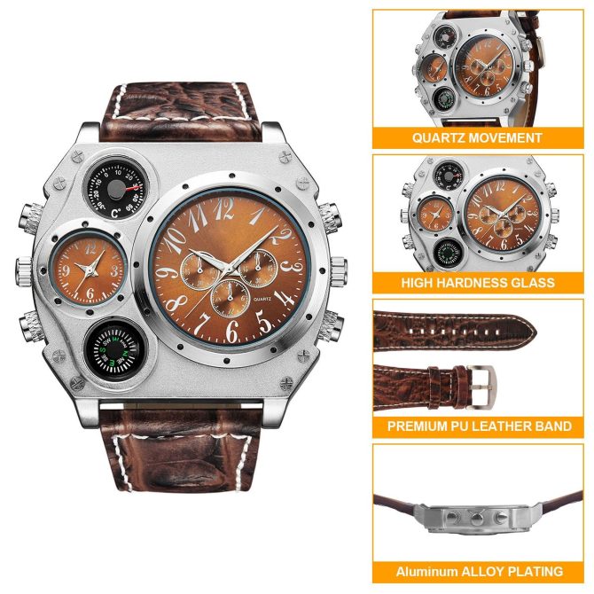 Men's Quartz Watch Two Time Zone Big Face Military Style Compass Thermometer Decorative Dial PU Leather Strap - Image 12