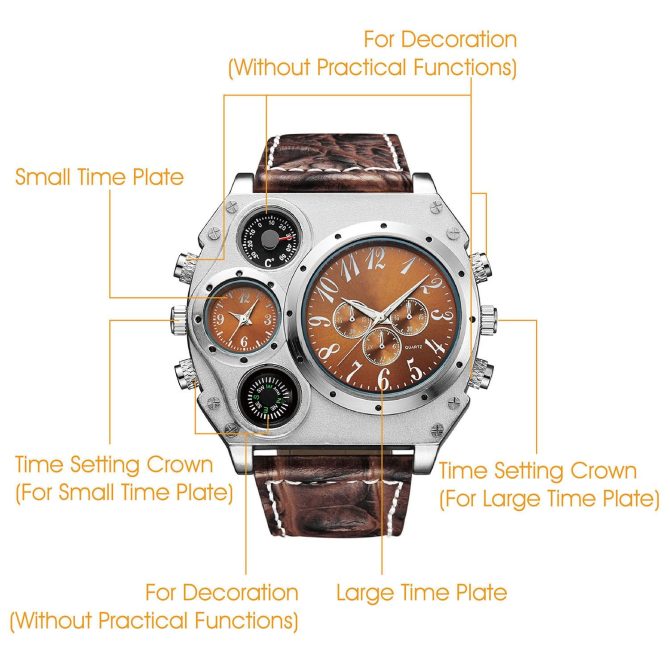 Men's Quartz Watch Two Time Zone Big Face Military Style Compass Thermometer Decorative Dial PU Leather Strap - Image 13