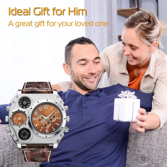 Men's Quartz Watch Two Time Zone Big Face Military Style Compass Thermometer Decorative Dial PU Leather Strap - Image 3