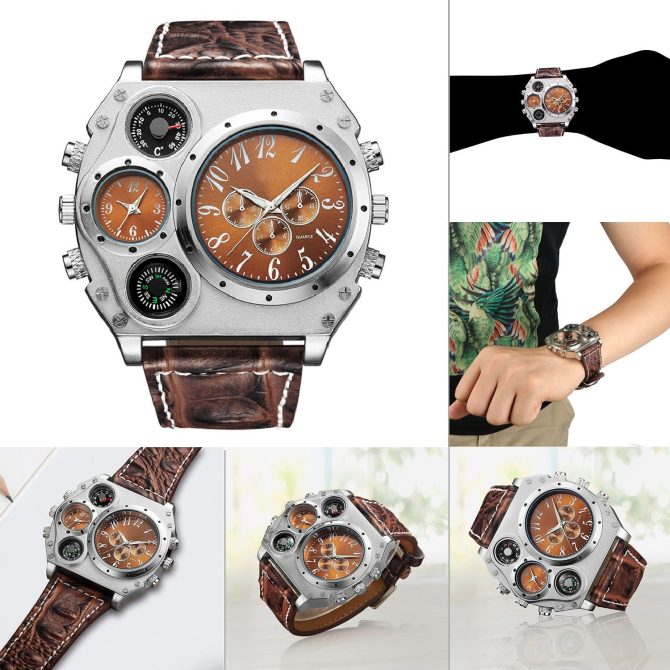 Men's Quartz Watch Two Time Zone Big Face Military Style Compass Thermometer Decorative Dial PU Leather Strap - Image 4
