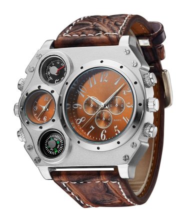 Men's Quartz Watch Two Time Zone Big Face Military Style Compass Thermometer Decorative Dial PU Leather Strap