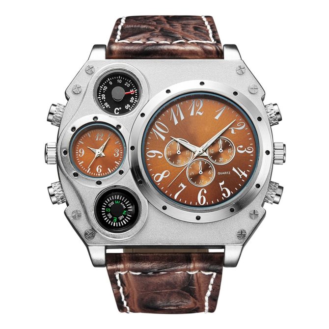 Men's Quartz Watch Two Time Zone Big Face Military Style Compass Thermometer Decorative Dial PU Leather Strap - Image 5