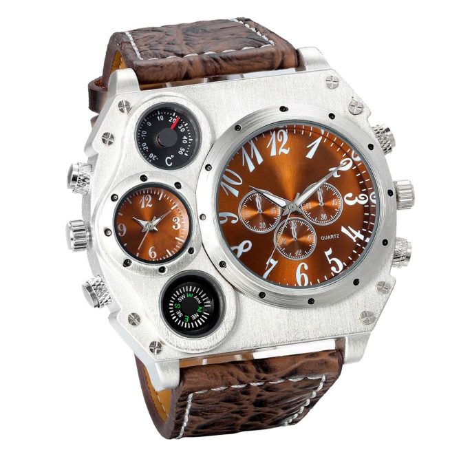 Men's Quartz Watch Two Time Zone Big Face Military Style Compass Thermometer Decorative Dial PU Leather Strap - Image 6