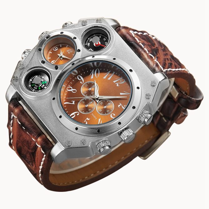 Men's Quartz Watch Two Time Zone Big Face Military Style Compass Thermometer Decorative Dial PU Leather Strap - Image 8