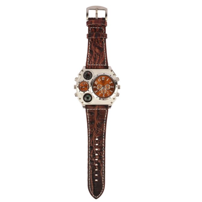Men's Quartz Watch Two Time Zone Big Face Military Style Compass Thermometer Decorative Dial PU Leather Strap - Image 9