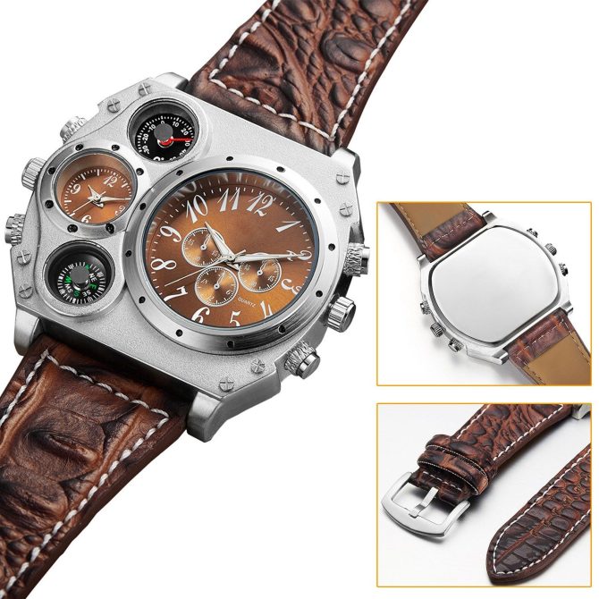 Men's Quartz Watch Two Time Zone Big Face Military Style Compass Thermometer Decorative Dial PU Leather Strap - Image 10