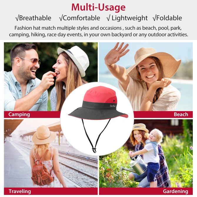 Women Summer Sun Bucket Hats Foldable UV Protection Cotton Cap Wide Brim Floppy Cap Packable Ponytail Mesh Travel Hat - Image 8