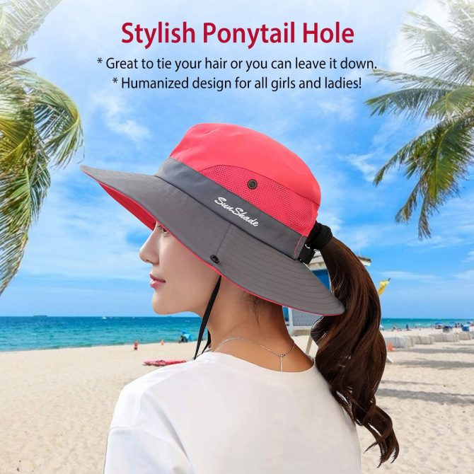 Women Summer Sun Bucket Hats Foldable UV Protection Cotton Cap Wide Brim Floppy Cap Packable Ponytail Mesh Travel Hat - Image 10
