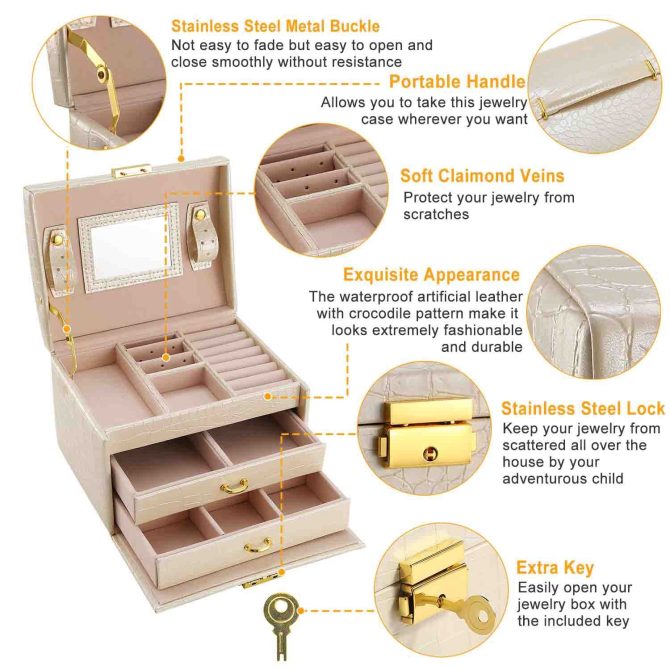 Jewelry Case Organizer 3-layer Lockable Travel Jewelry Box PU Leather Storage Display Case with Mirror Protective - Image 2