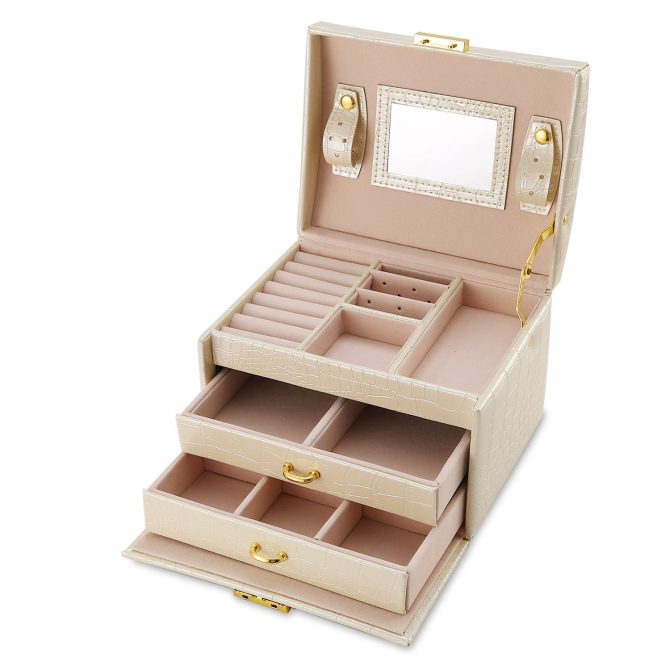 Jewelry Case Organizer 3-layer Lockable Travel Jewelry Box PU Leather Storage Display Case with Mirror Protective - Image 11