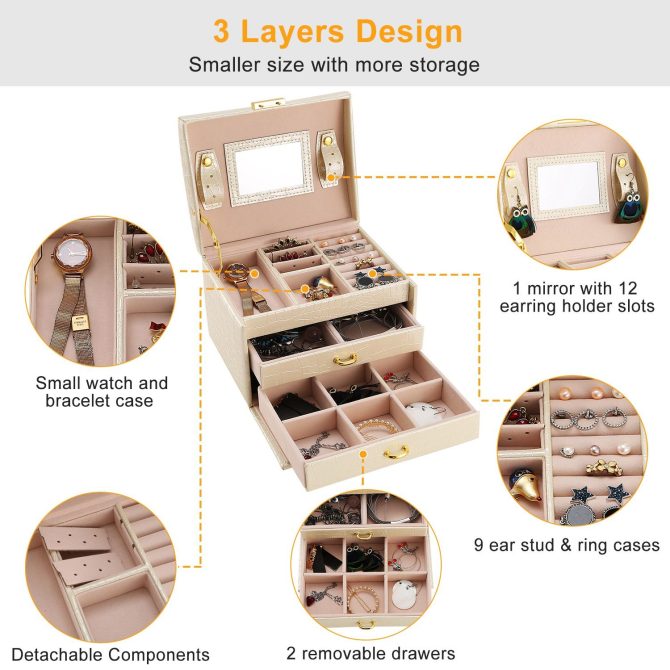 Jewelry Case Organizer 3-layer Lockable Travel Jewelry Box PU Leather Storage Display Case with Mirror Protective - Image 3