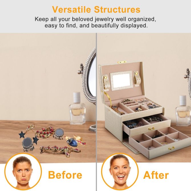 Jewelry Case Organizer 3-layer Lockable Travel Jewelry Box PU Leather Storage Display Case with Mirror Protective - Image 5