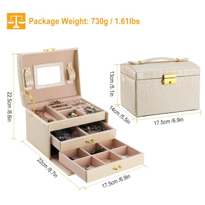 Jewelry Case Organizer 3-layer Lockable Travel Jewelry Box PU Leather Storage Display Case with Mirror Protective - Image 6