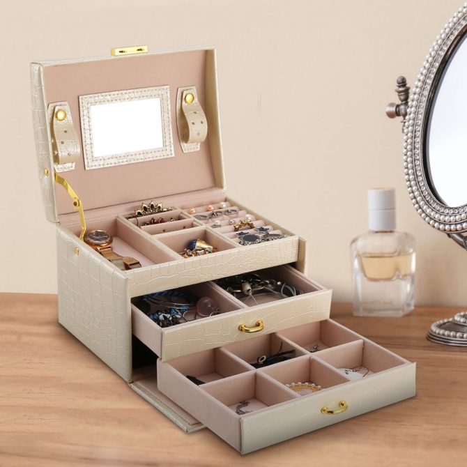 Jewelry Case Organizer 3-layer Lockable Travel Jewelry Box PU Leather Storage Display Case with Mirror Protective - Image 7