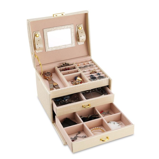 Jewelry Case Organizer 3-layer Lockable Travel Jewelry Box PU Leather Storage Display Case with Mirror Protective - Image 10