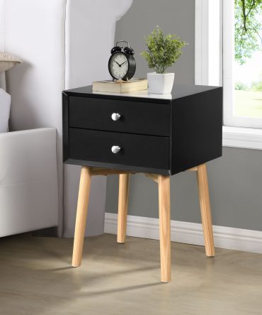 Side Table with 2 Drawer and Rubber Wood Legs;  Mid-Century Modern Storage Cabinet for Bedroom Living Room Furniture;  Black