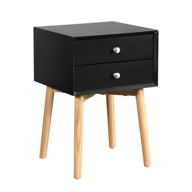 Side Table with 2 Drawer and Rubber Wood Legs;  Mid-Century Modern Storage Cabinet for Bedroom Living Room Furniture;  Black - Image 5