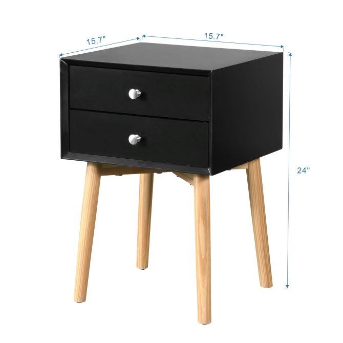 Side Table with 2 Drawer and Rubber Wood Legs;  Mid-Century Modern Storage Cabinet for Bedroom Living Room Furniture;  Black - Image 8